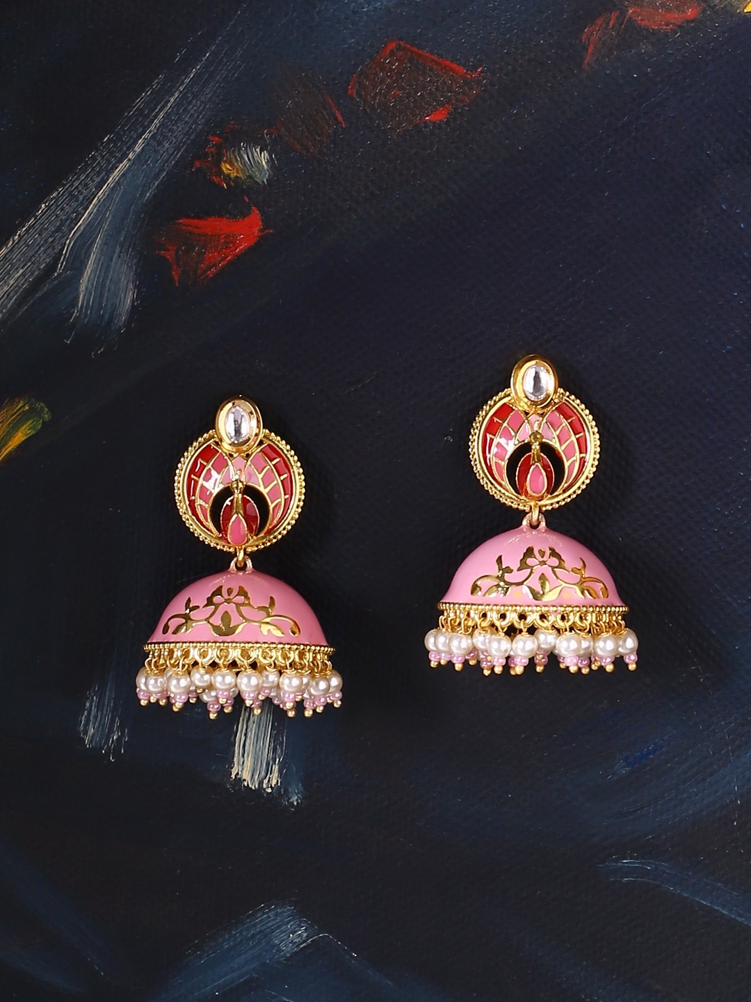 

Voylla Gold-Toned & Pink Enamelled Dome Shaped Jhumkas