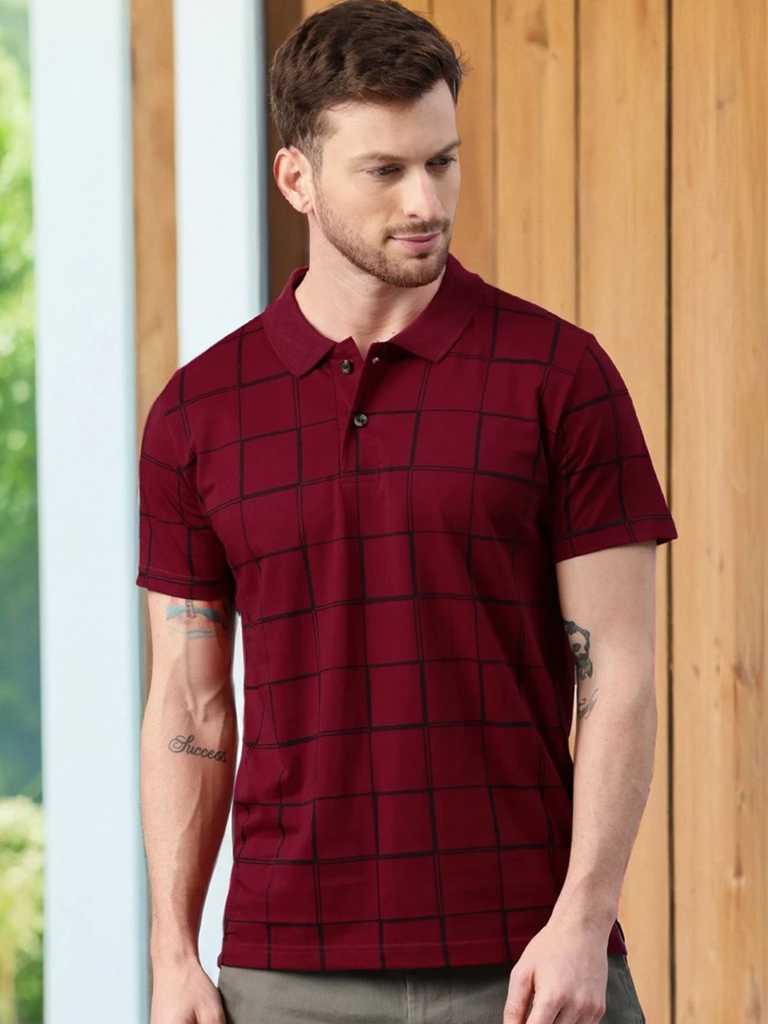 

Kryptic Men Checked Polo Pure Cotton T-shirt, Maroon