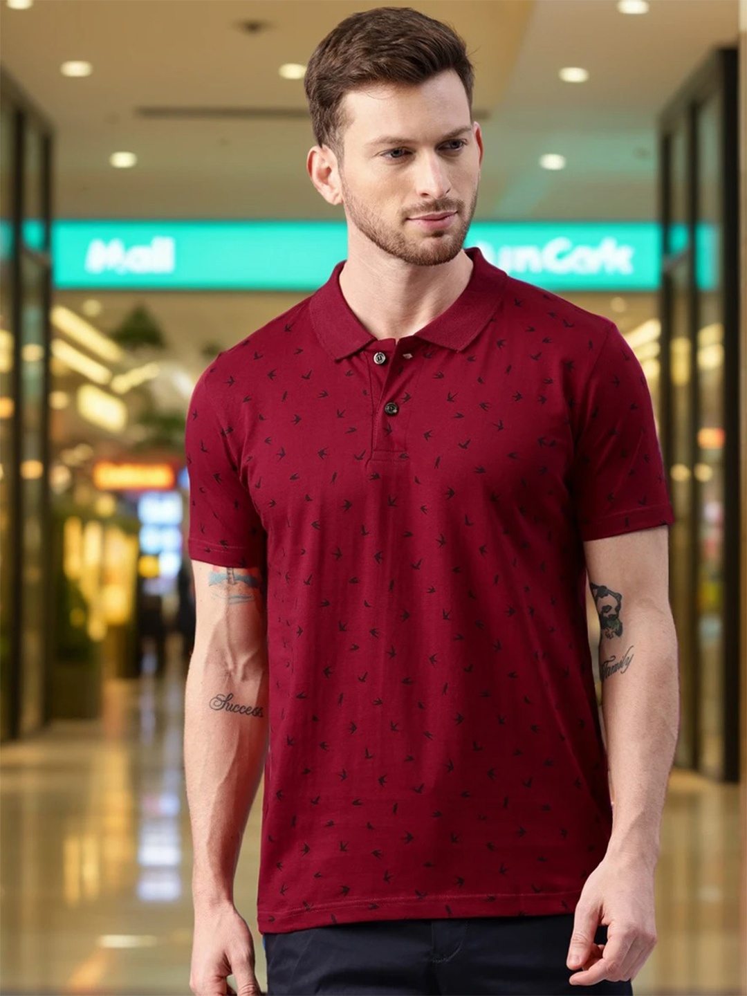 

Kryptic Men Printed Polo Collar Pure Cotton T-shirt, Maroon