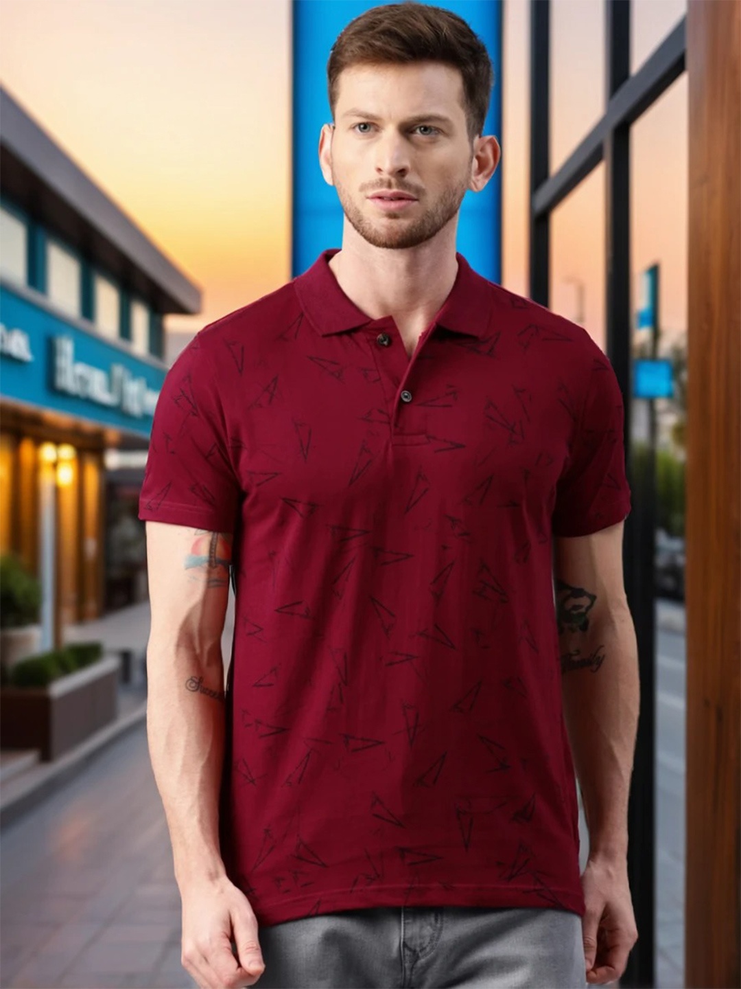 

Kryptic Men Geometric Printed Polo Pure Cotton T-shirt, Maroon