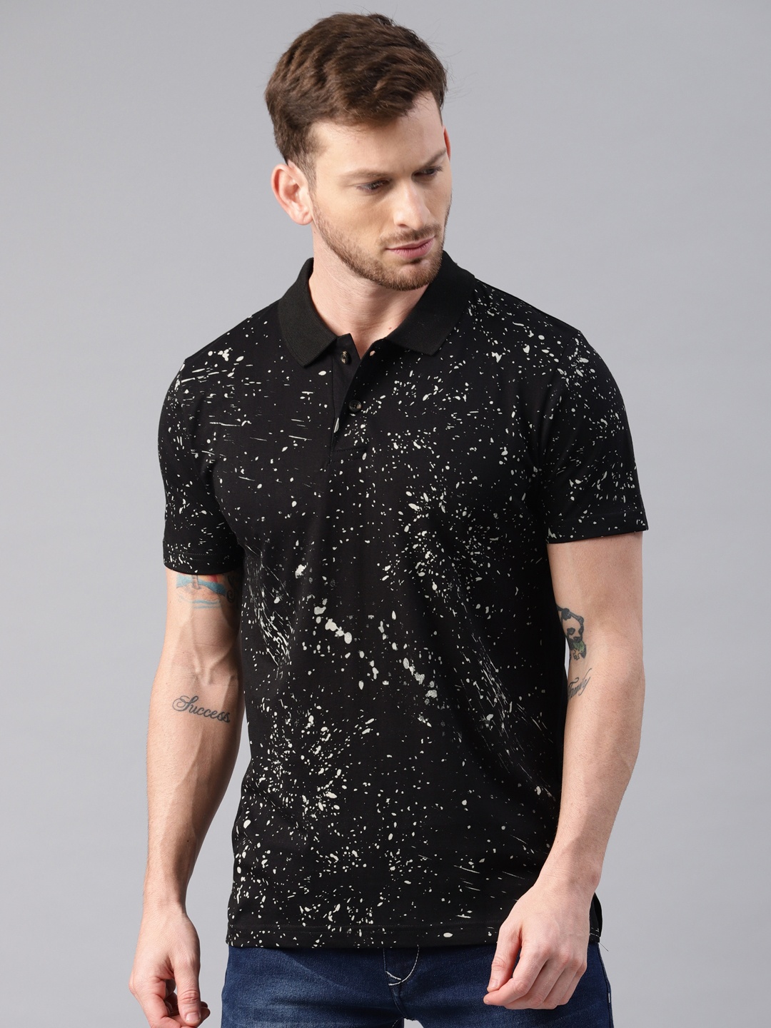 

Kryptic Men Pure Cotton Printed Short Sleeve Polo T-shirt, Black