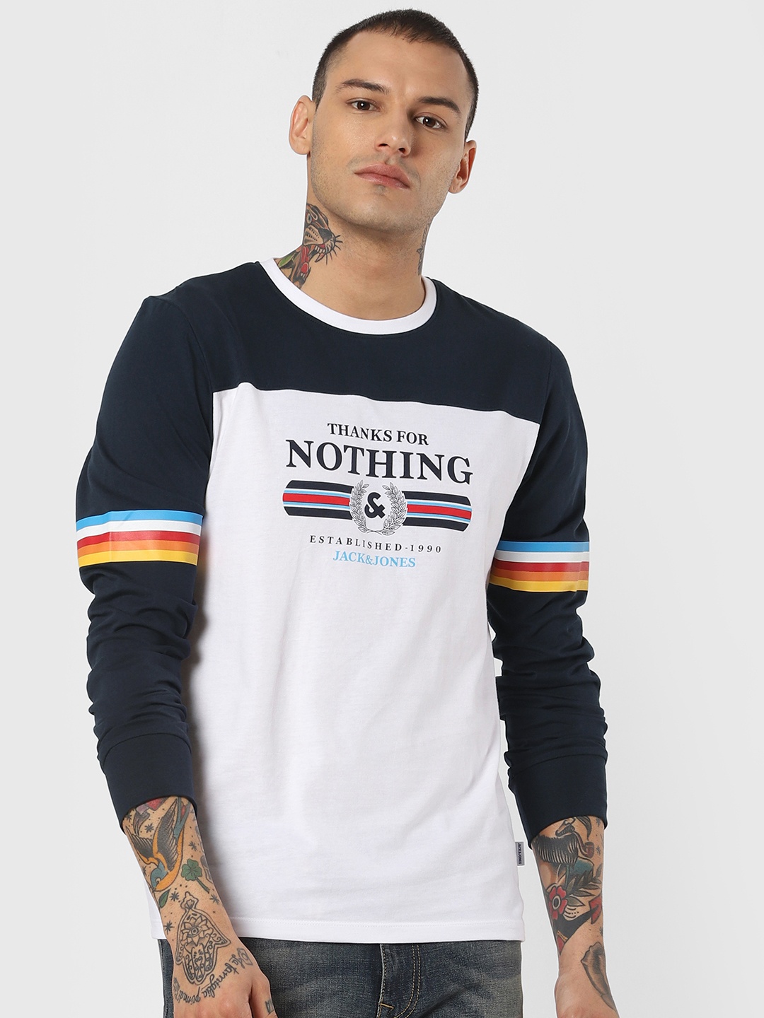 

Jack Jones Men White Navy Blue Printed Slim Fit Round Neck Pure Cotton T-shirt