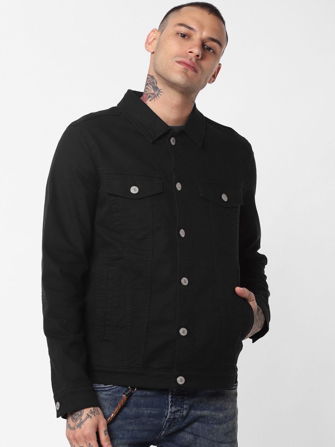 

Jack & Jones Men Black Solid Denim Jacket
