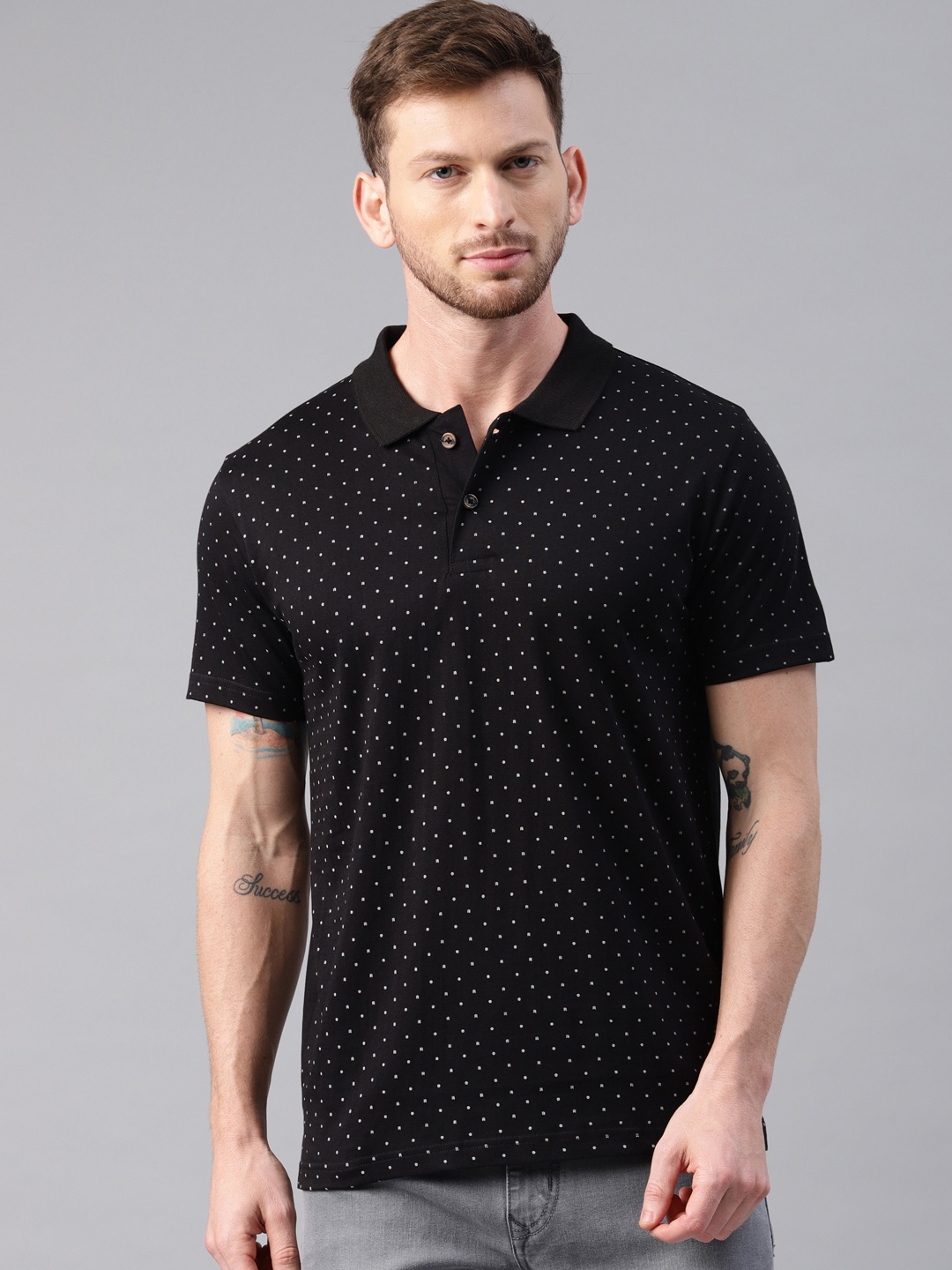 

Kryptic Men Polka Dots Printed Polo Pure Cotton T-shirt, Black