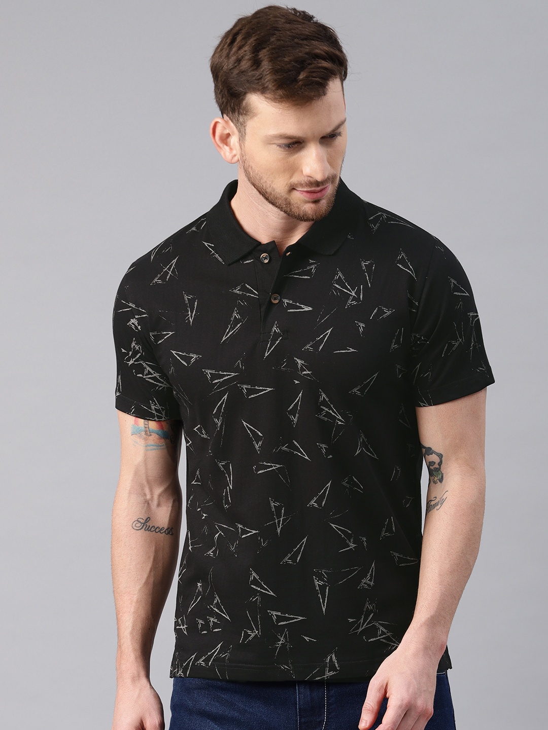 

Kryptic Men Geometric Printed Polo Collar Pure Cotton T-shirt, Black