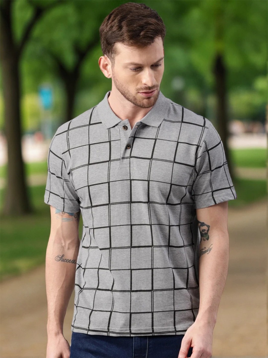 

Kryptic Men Checked Polo Pure Cotton T-shirt, Grey melange