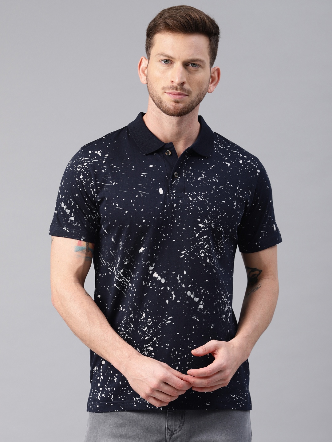 

Kryptic Men Navy White Printed Polo Pure Cotton T-shirt, Navy blue