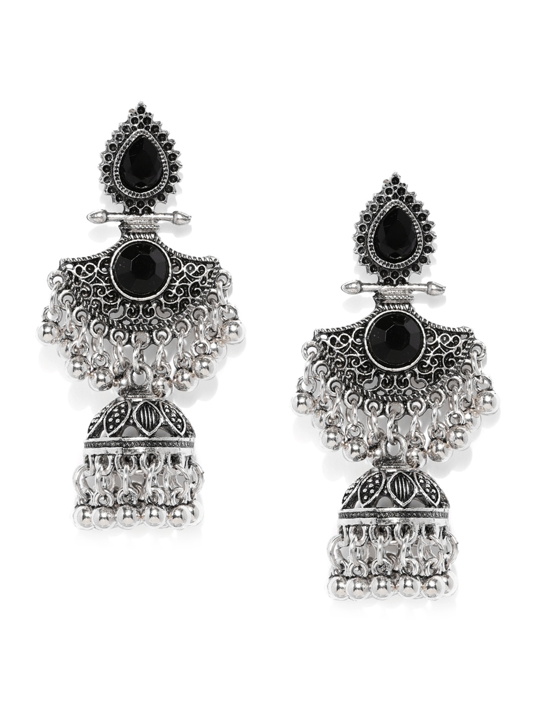 

justpeachy Oxidised Silver-Toned & Black Dome Shaped Jhumkas