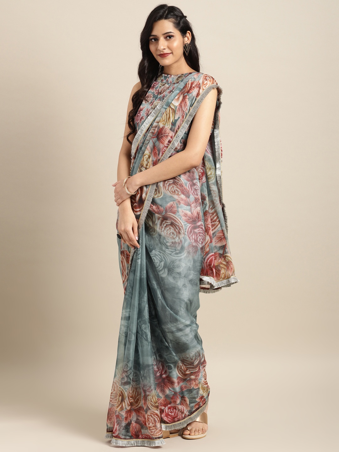 

Inddus Grey & Maroon Organza Printed Saree