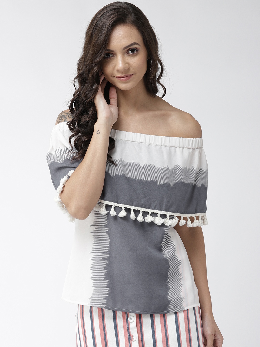 

Style Quotient Women Off-White & Grey Colourblocked Layered Bardot Top