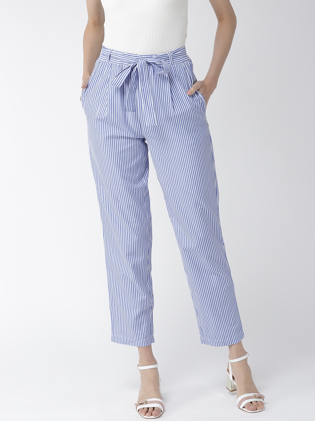 

Style Quotient Women Blue & White Original Tapered Fit Striped Cropped Trousers