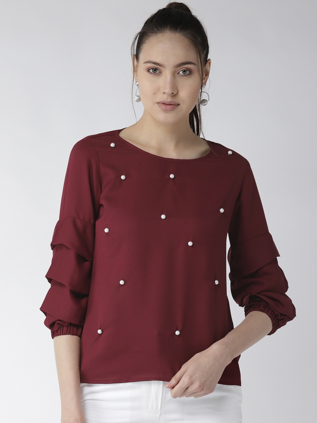 

Style Quotient Women Burgundy Embellished Top