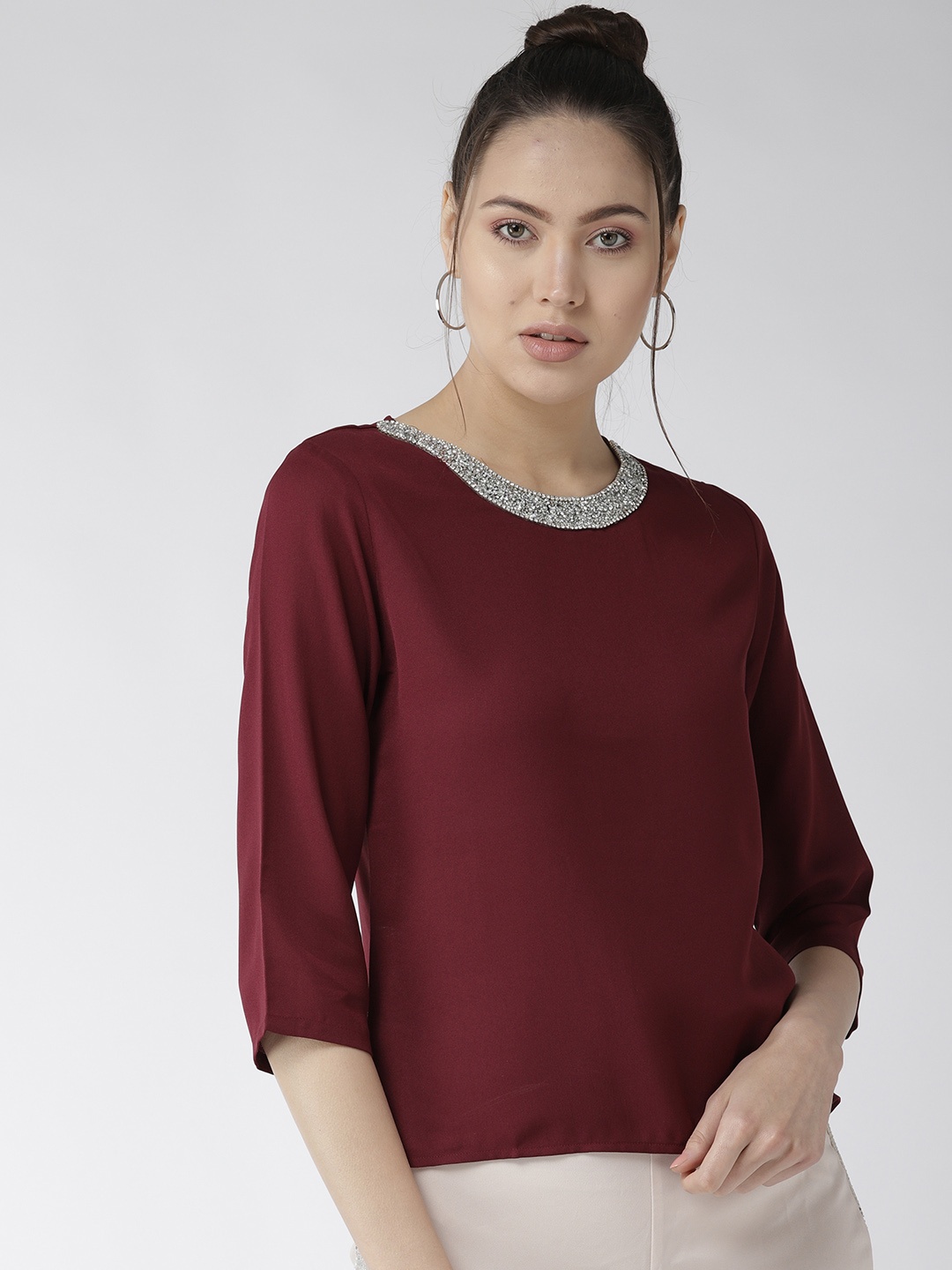 

Style Quotient Women Burgundy Solid Top with Embellished Detail