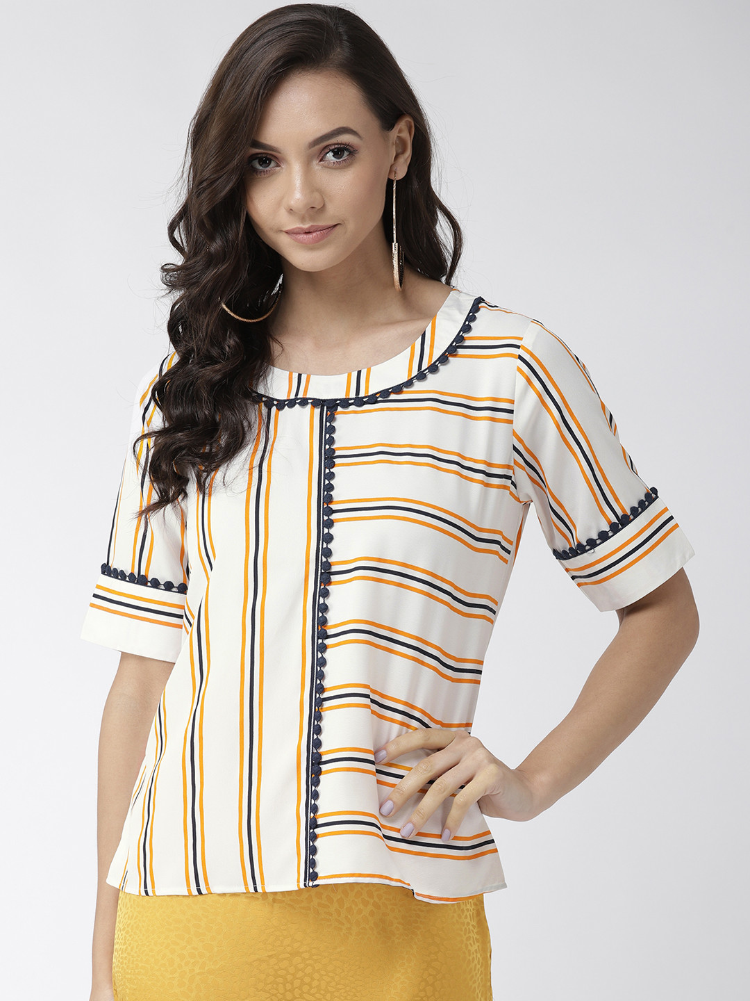 

Style Quotient Women Off-White & Navy Blue Striped Top