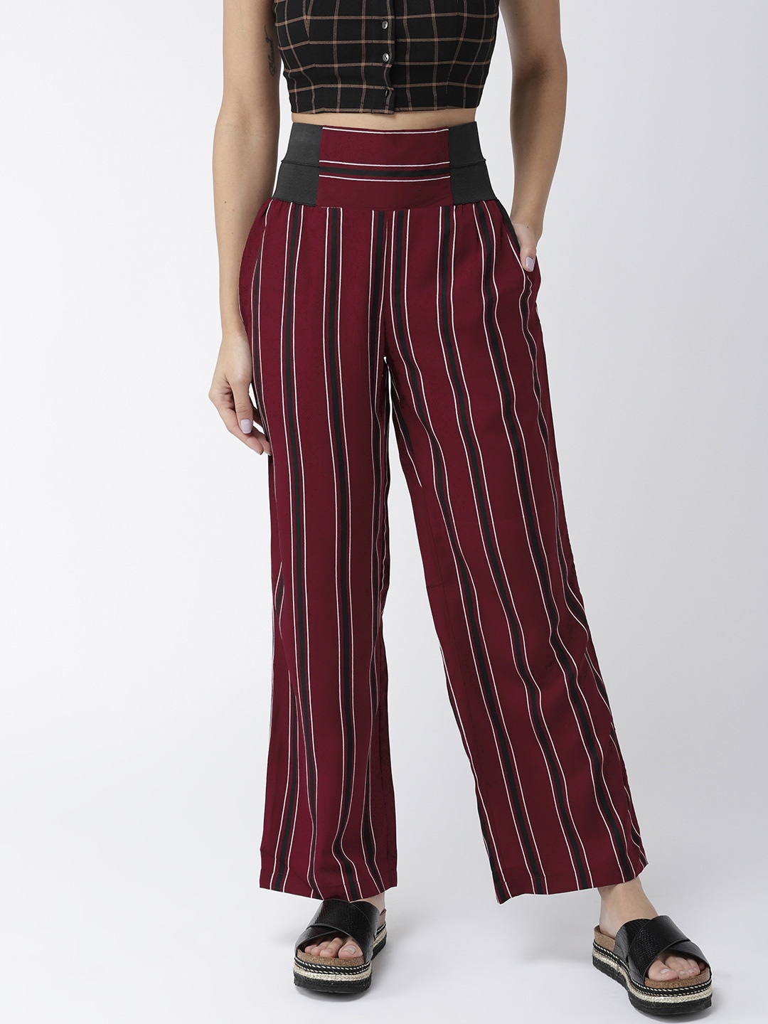 

Style Quotient Women Maroon & White Original Straight Fit Striped Regular Trousers