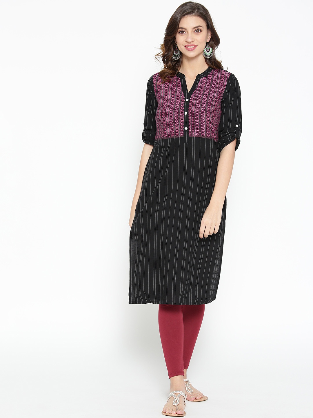 

AURELIA Women Black & Pink Yoke Design Straight Kurta