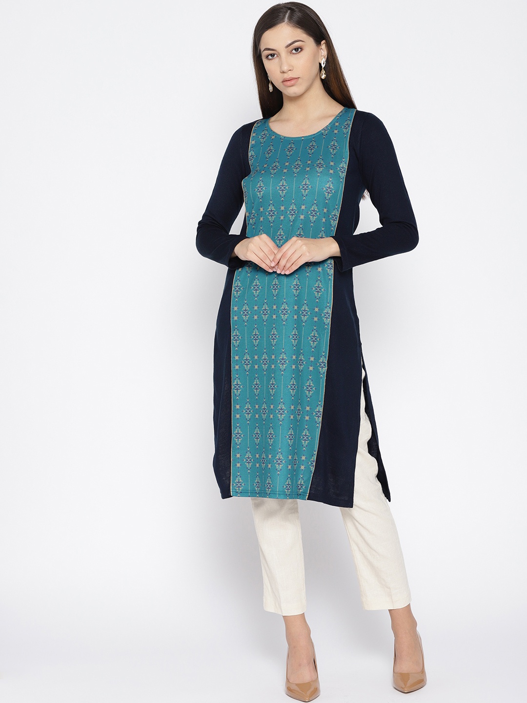 

AURELIA Women Blue & Mustard Yellow Printed Knitted Winter Straight Kurta