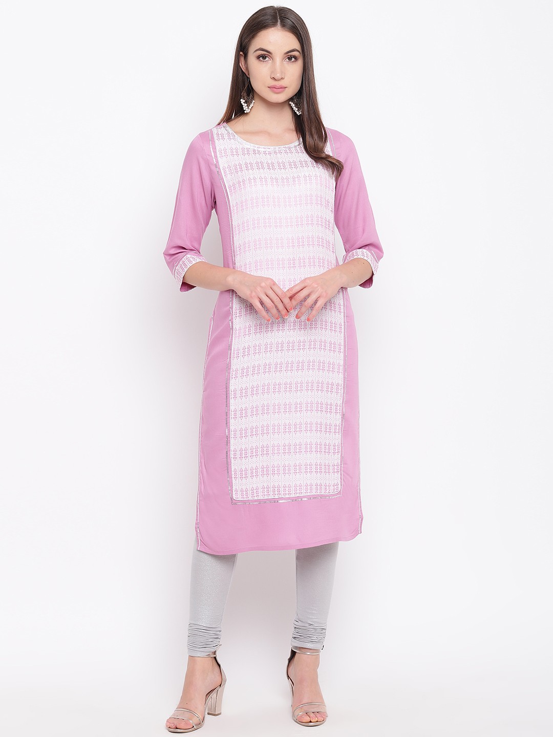 

AURELIA Women Purple & White Woven Design Straight Kurta