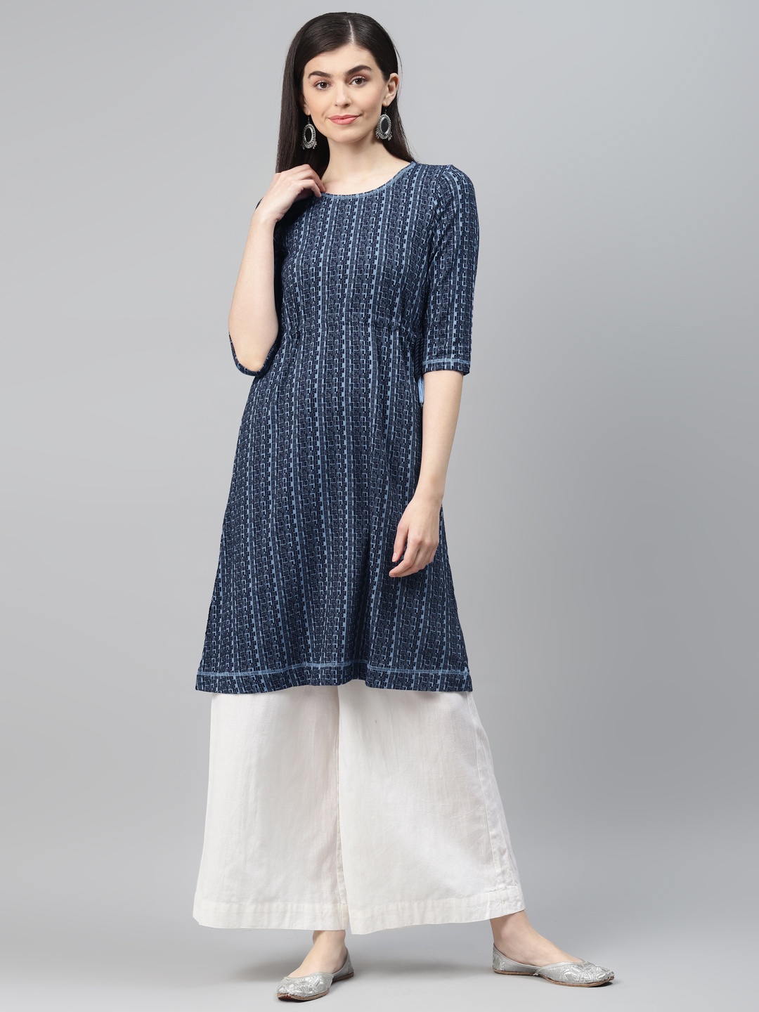 

AURELIA Women Blue Printed A-Line Winter Kurta