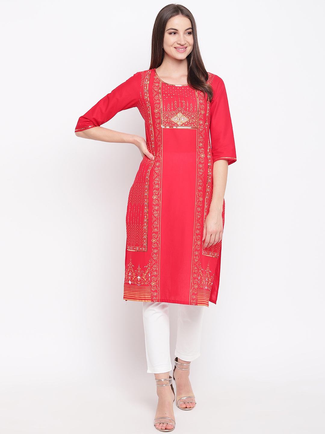 

AURELIA Women Red & Golden Printed Straight Kurta