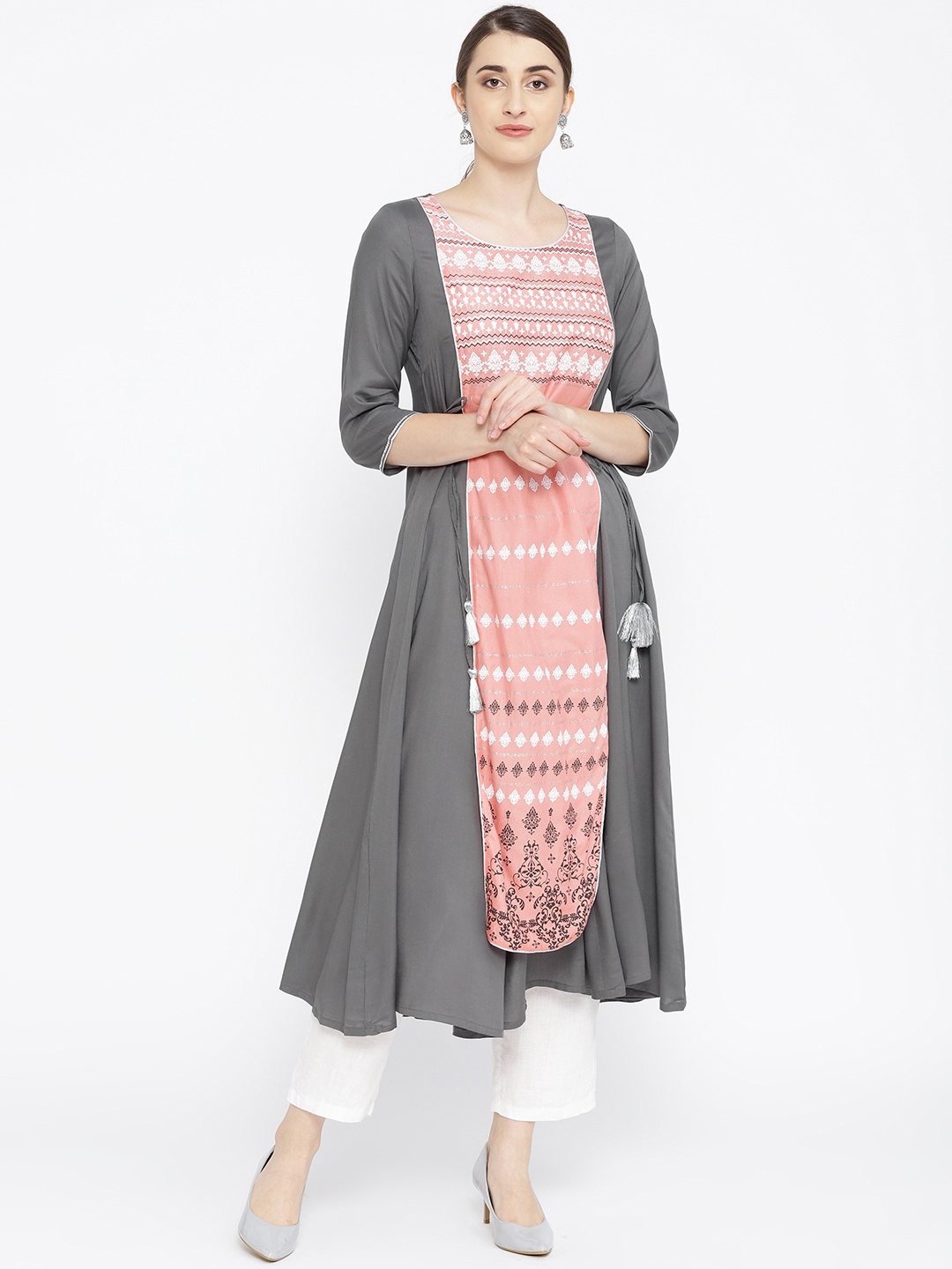 

AURELIA Women Grey & Pink Printed Layered A-Line Kurta