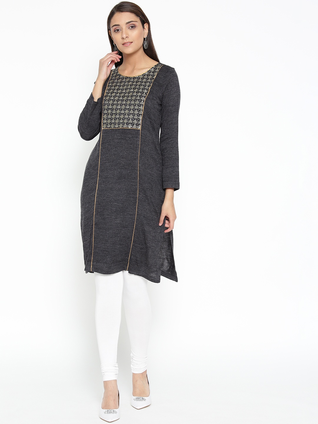 

AURELIA Women Charcoal Grey Yoke Design Straight Winter Kurta