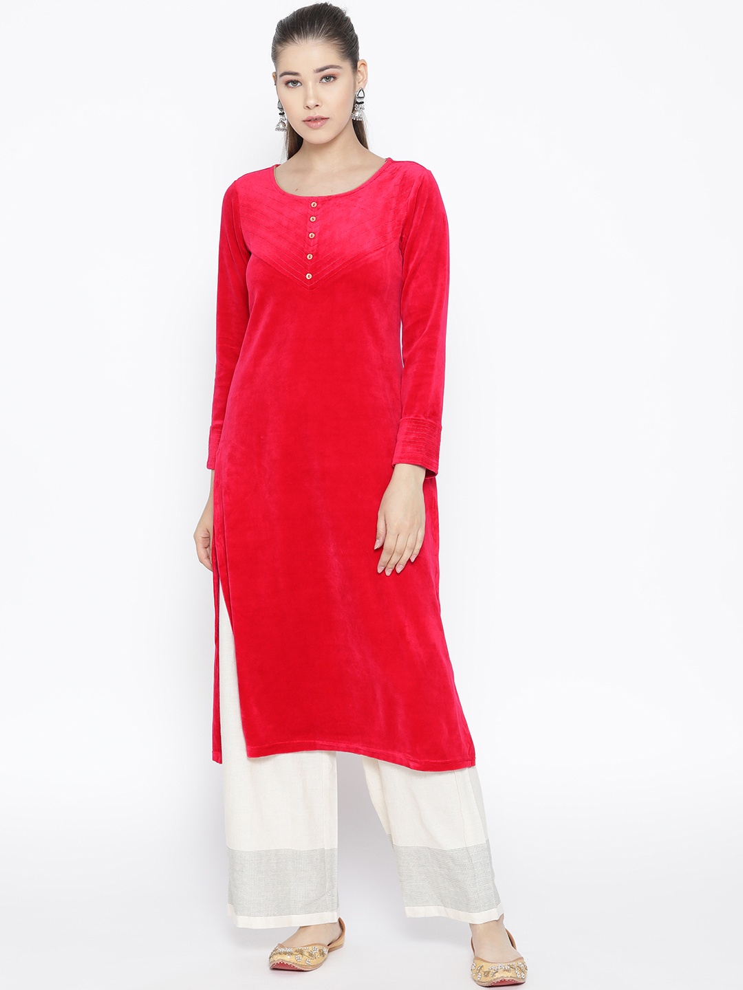 

AURELIA Women Pink Velvet Finish Straight Kurta