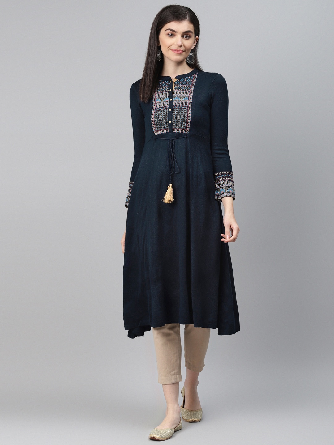 

AURELIA Women Navy Blue & Golden Yoke Design A-Line Winter Kurta