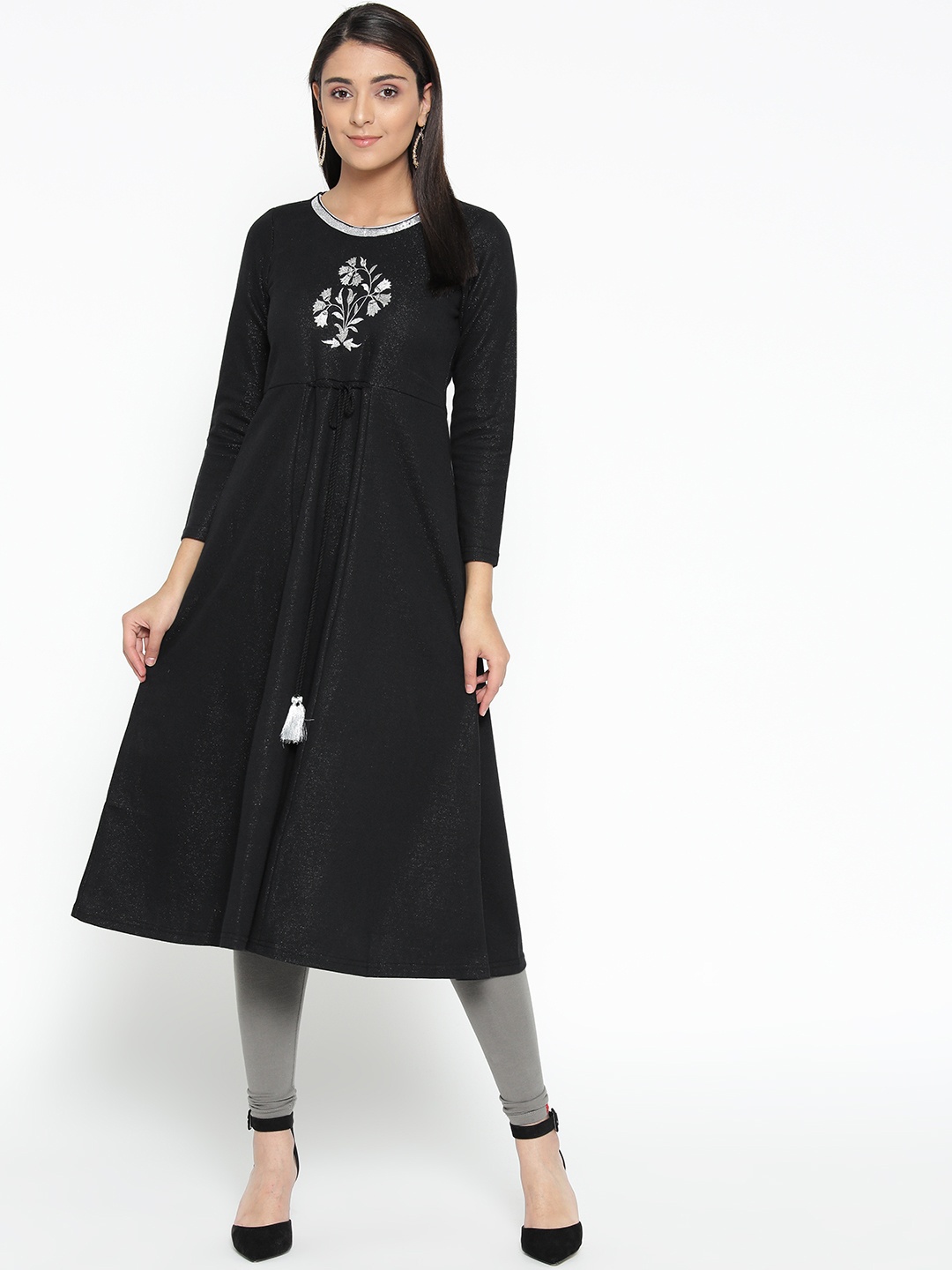 

AURELIA Women Black & Silver Floral Yoke Design A-Line Winter Kurta