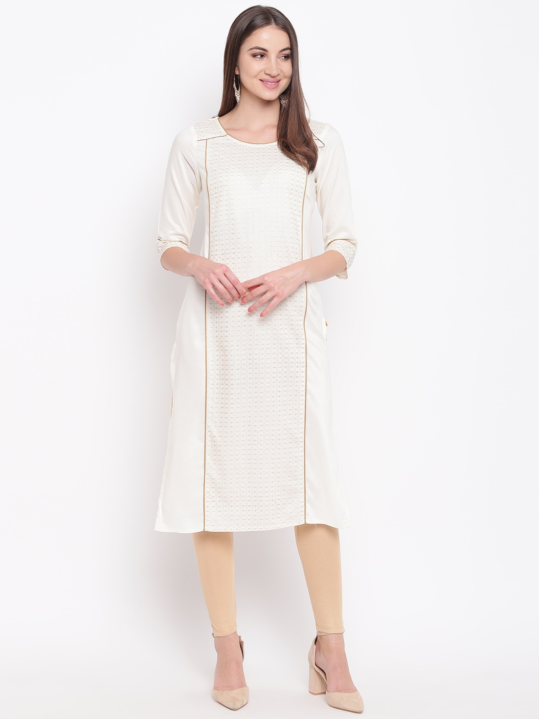 

AURELIA Women Off-White & Golden Printed Panelled Straight Kurta