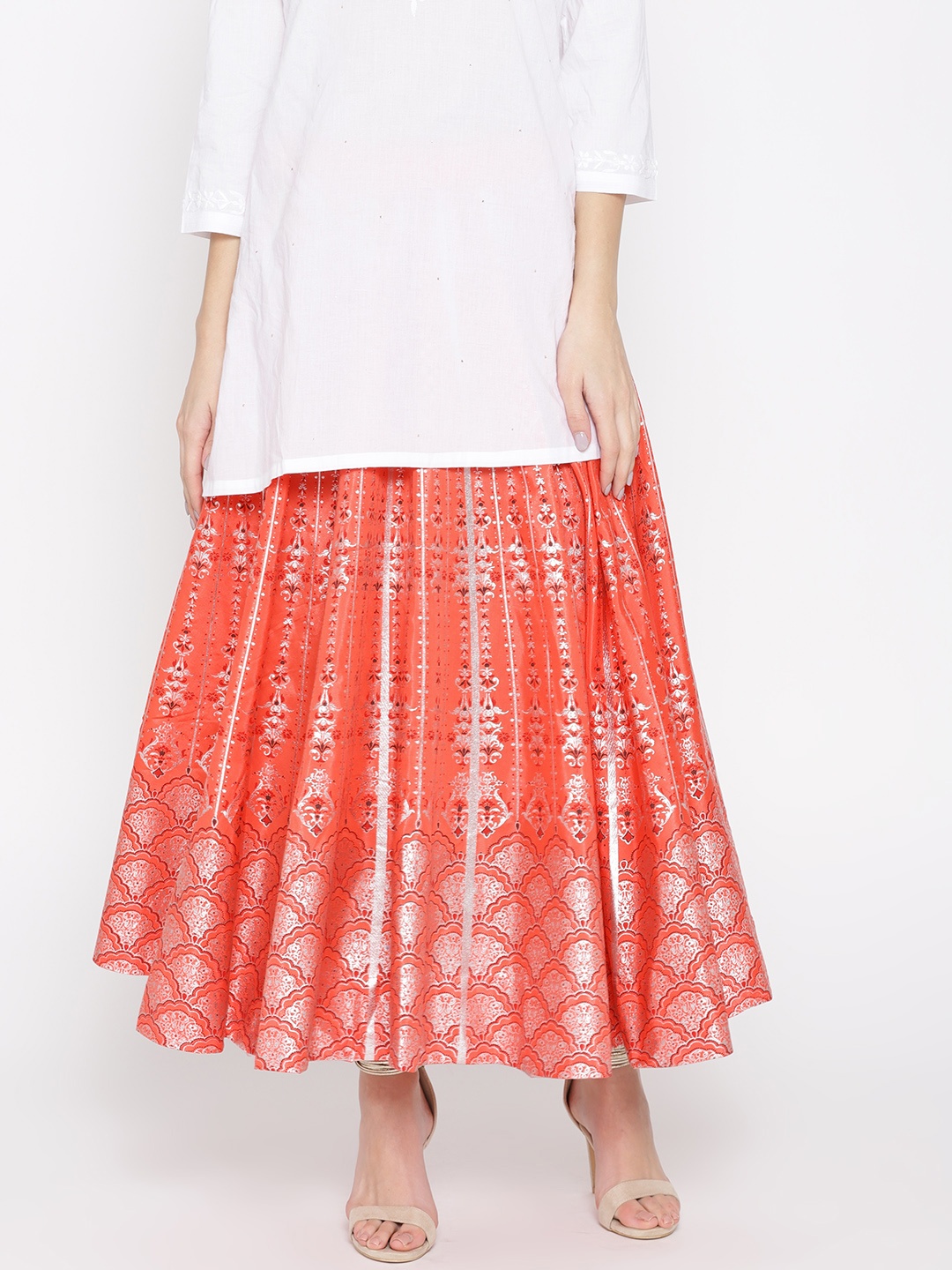 

Aurelia Orange & Silver Printed Flared Maxi Skirt