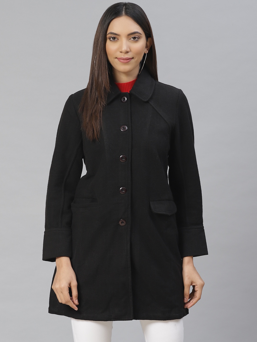 

AURELIA Women Black Solid Overcoat