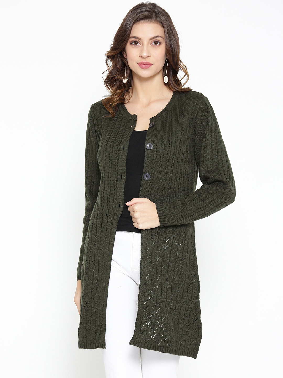 

AURELIA Women Olive Green Striped Longline Cardigan