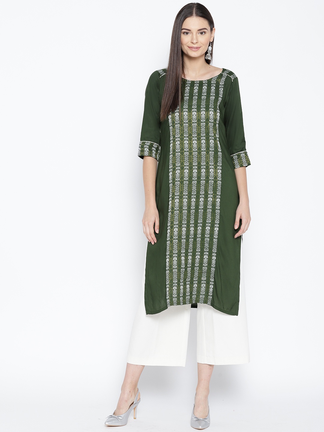 

AURELIA Women Green & White Striped Zari Detail Straight Kurta