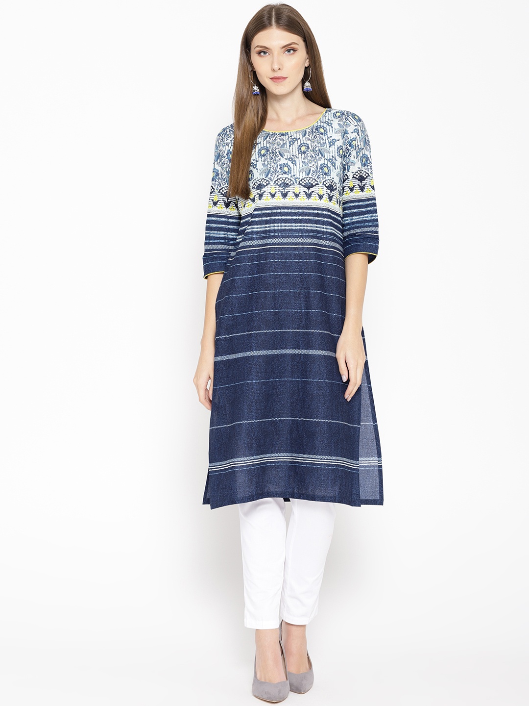 

AURELIA Women Navy Blue & White Striped with Floral Printed Detail Straight Kurta