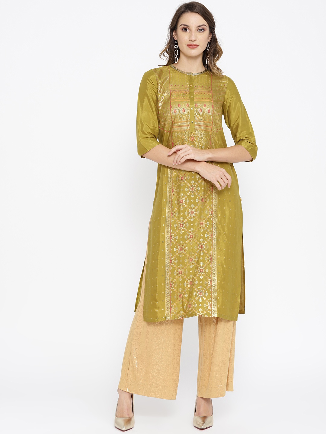 

AURELIA Women Olive Green & Pink Printed Straight Kurta