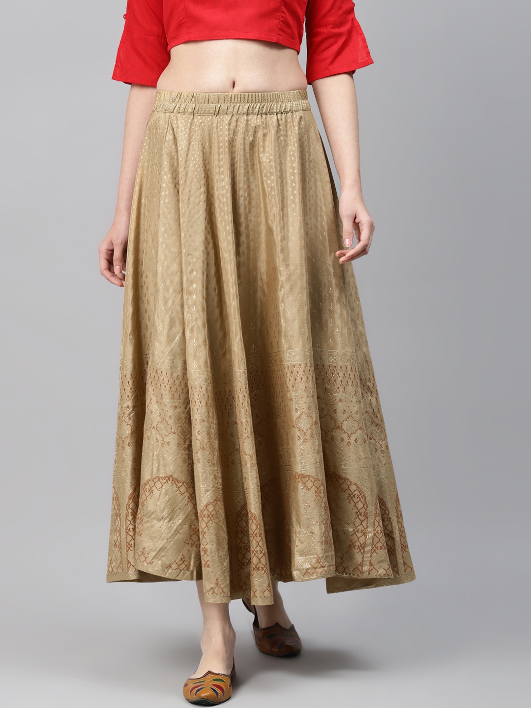 

AURELIA Women Beige & Golden Printed Maxi Flare Skirt