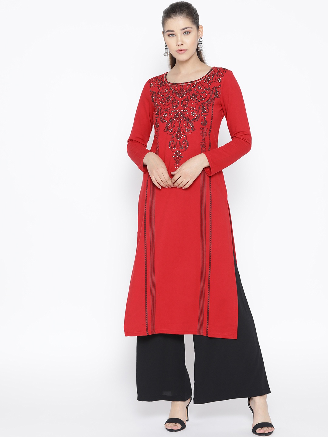 

AURELIA Women Red & Black Printed Straight Kurta