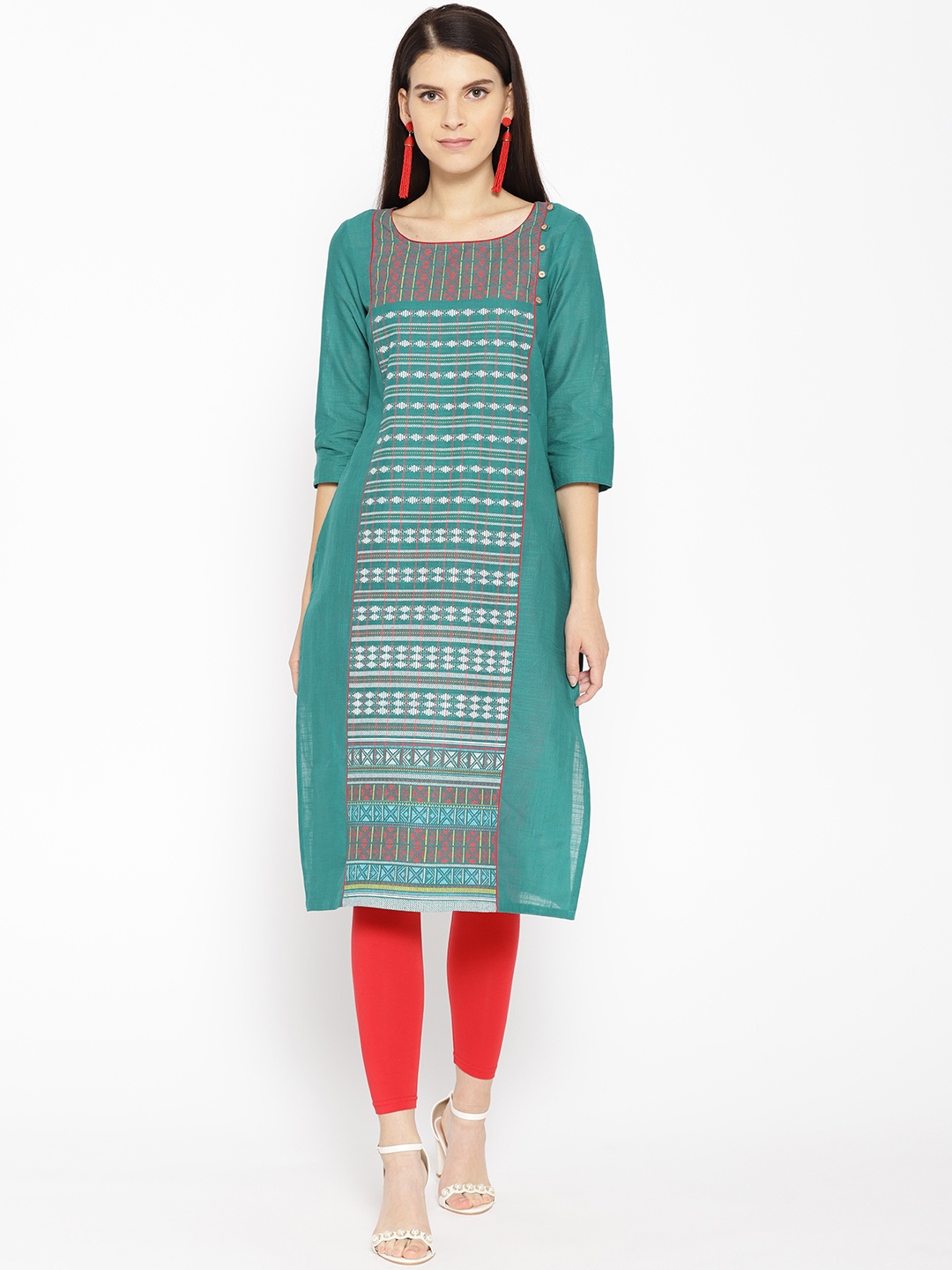 

AURELIA Women Green & White Printed Straight Kurta