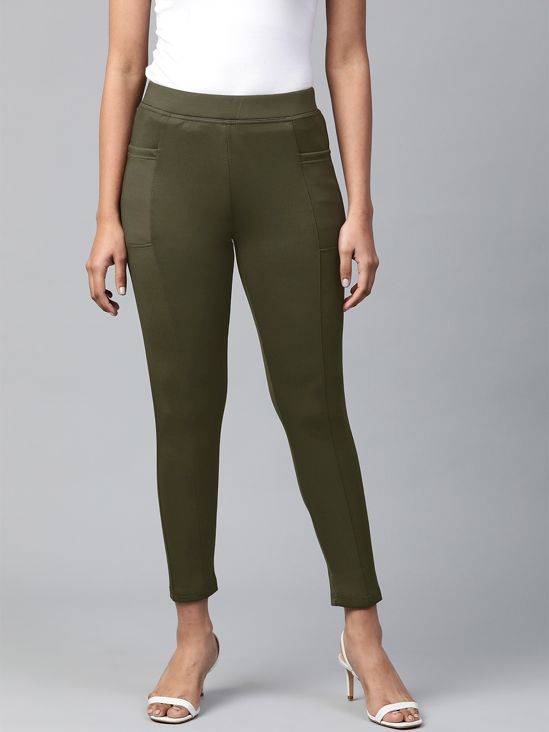 

AURELIA Women Olive Green Solid Cropped Treggings