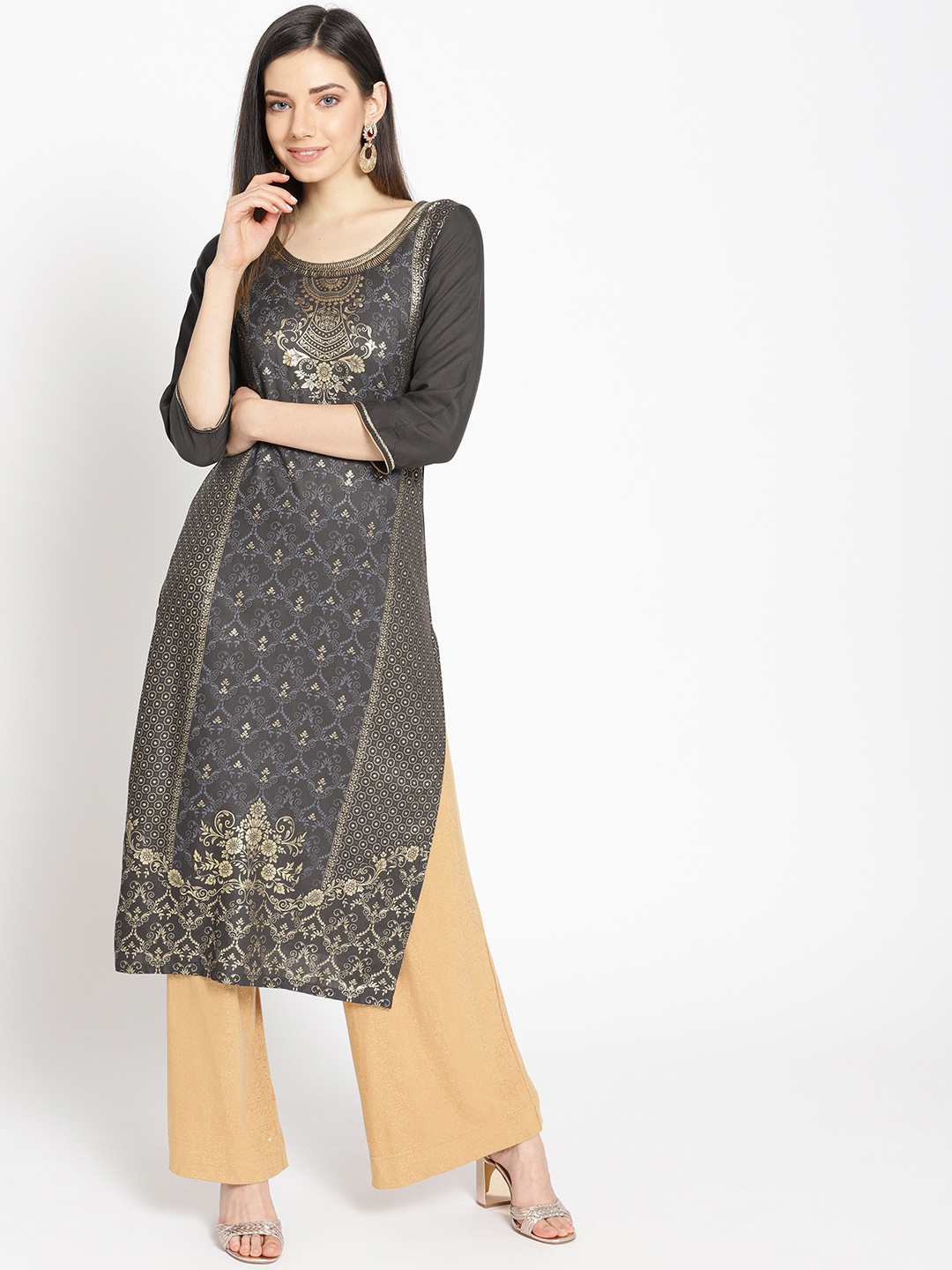 

AURELIA Women Charcoal Grey & Golden Printed Straight Kurta