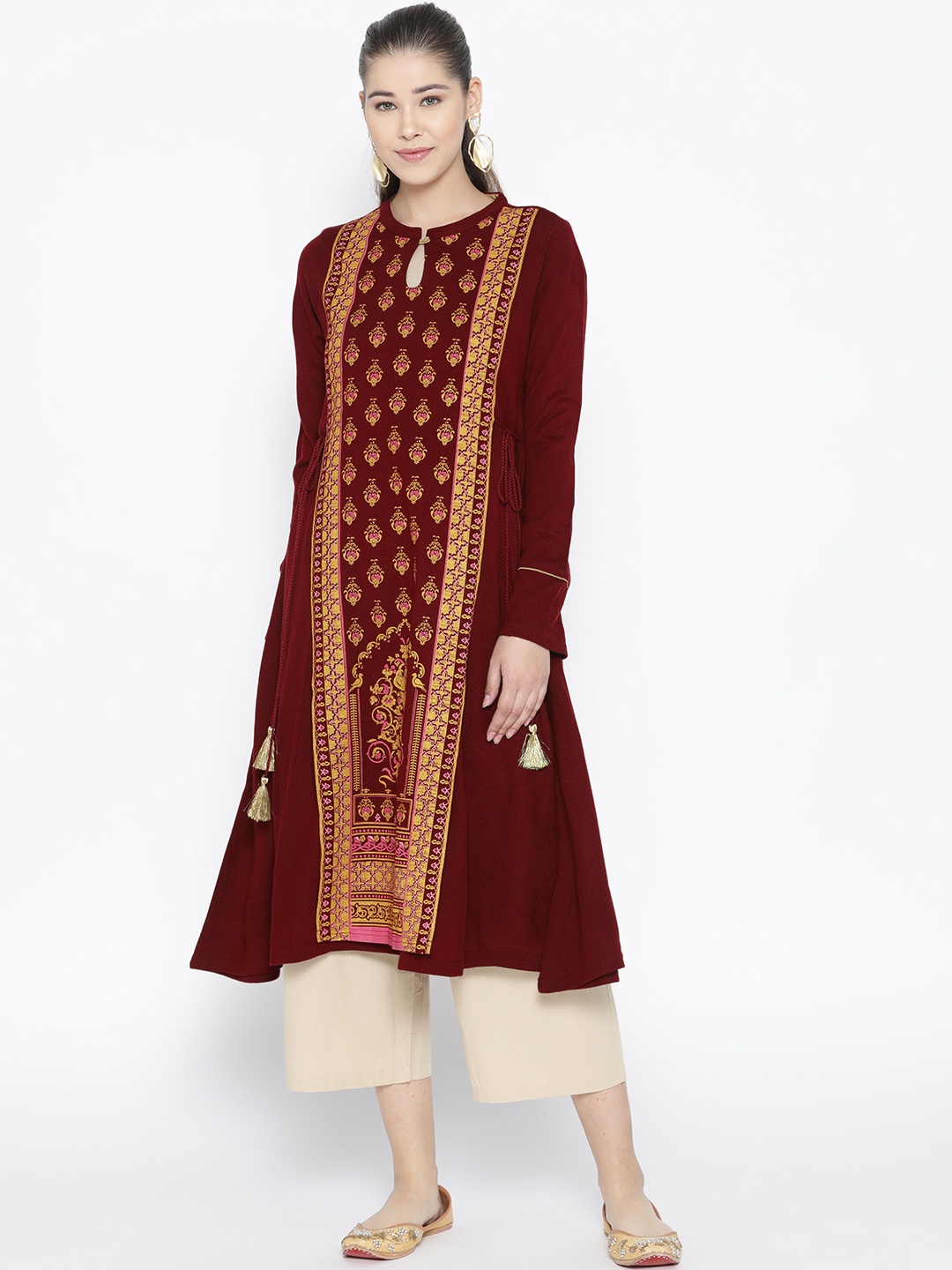 

AURELIA Women Maroon & Mustard Printed Layered A-Line Kurta