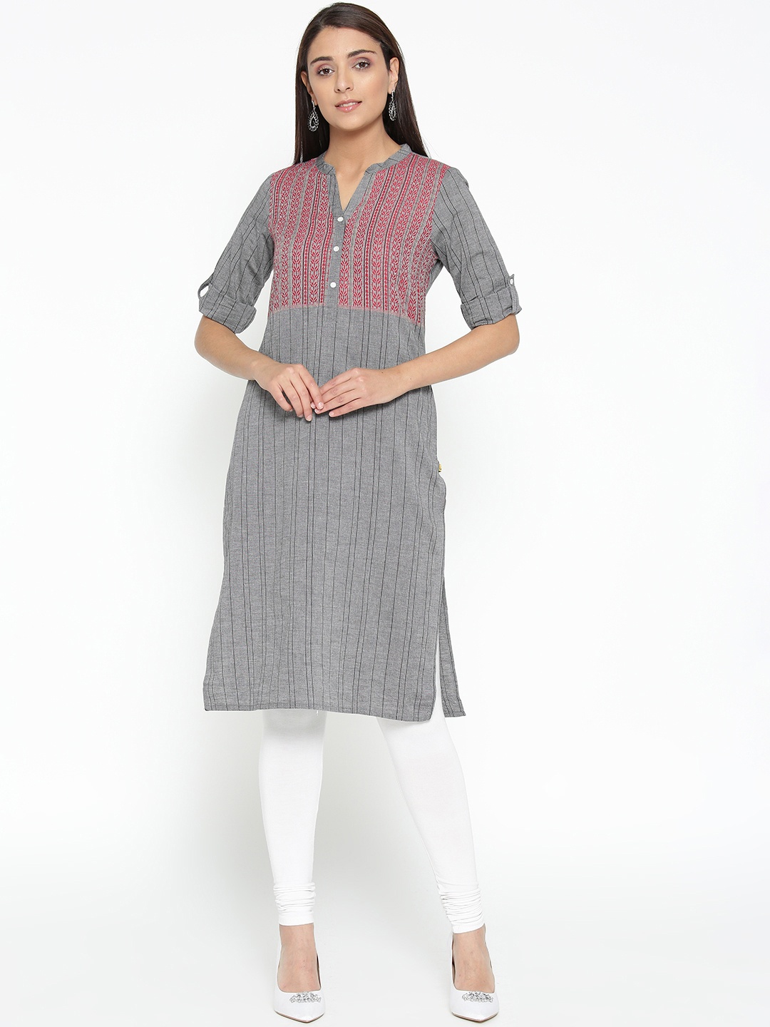 

AURELIA Women Grey & Red Yoke Design Straight Kurta