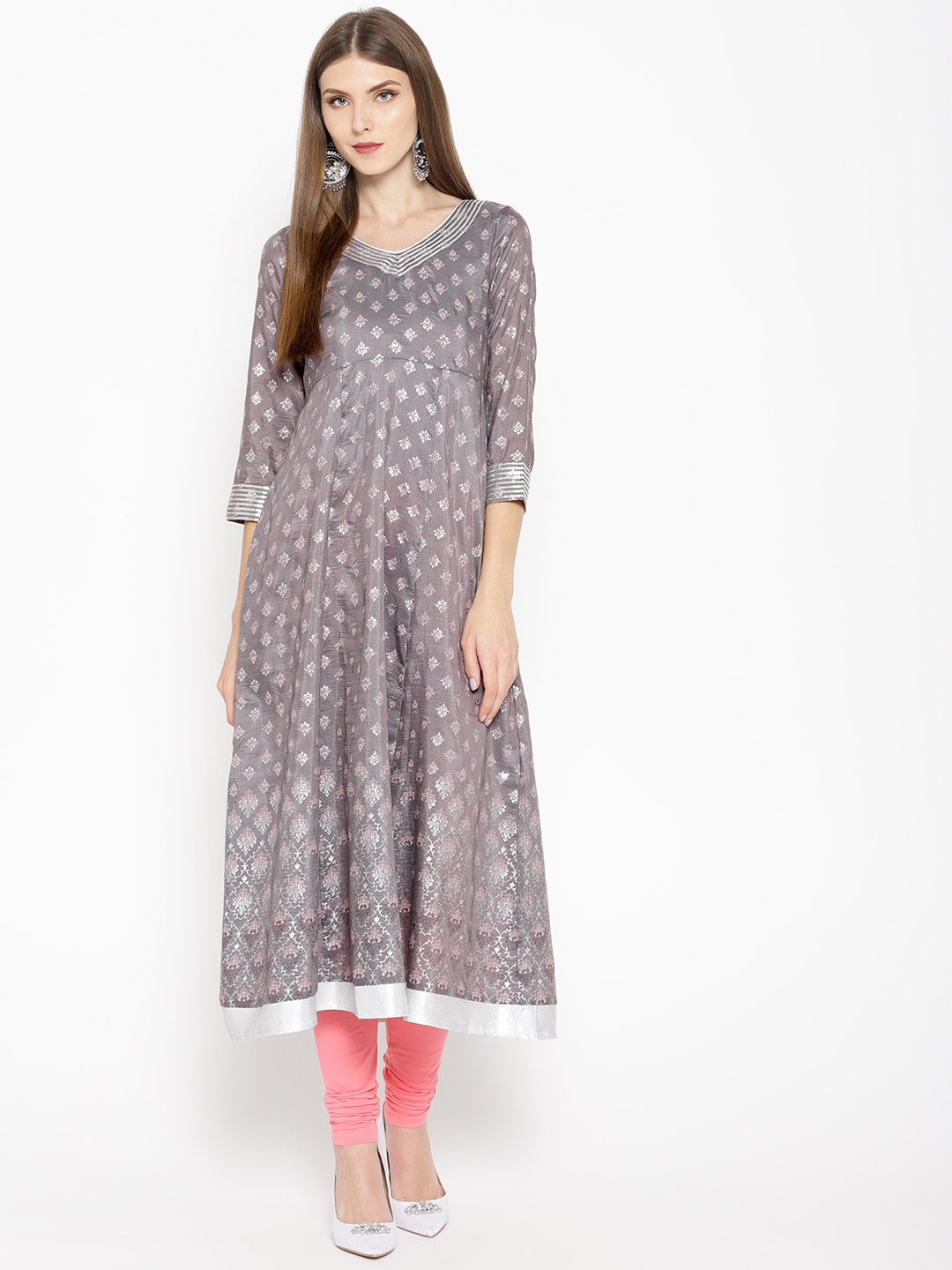 

AURELIA Women Grey & Pink Printed A-Line Kurta