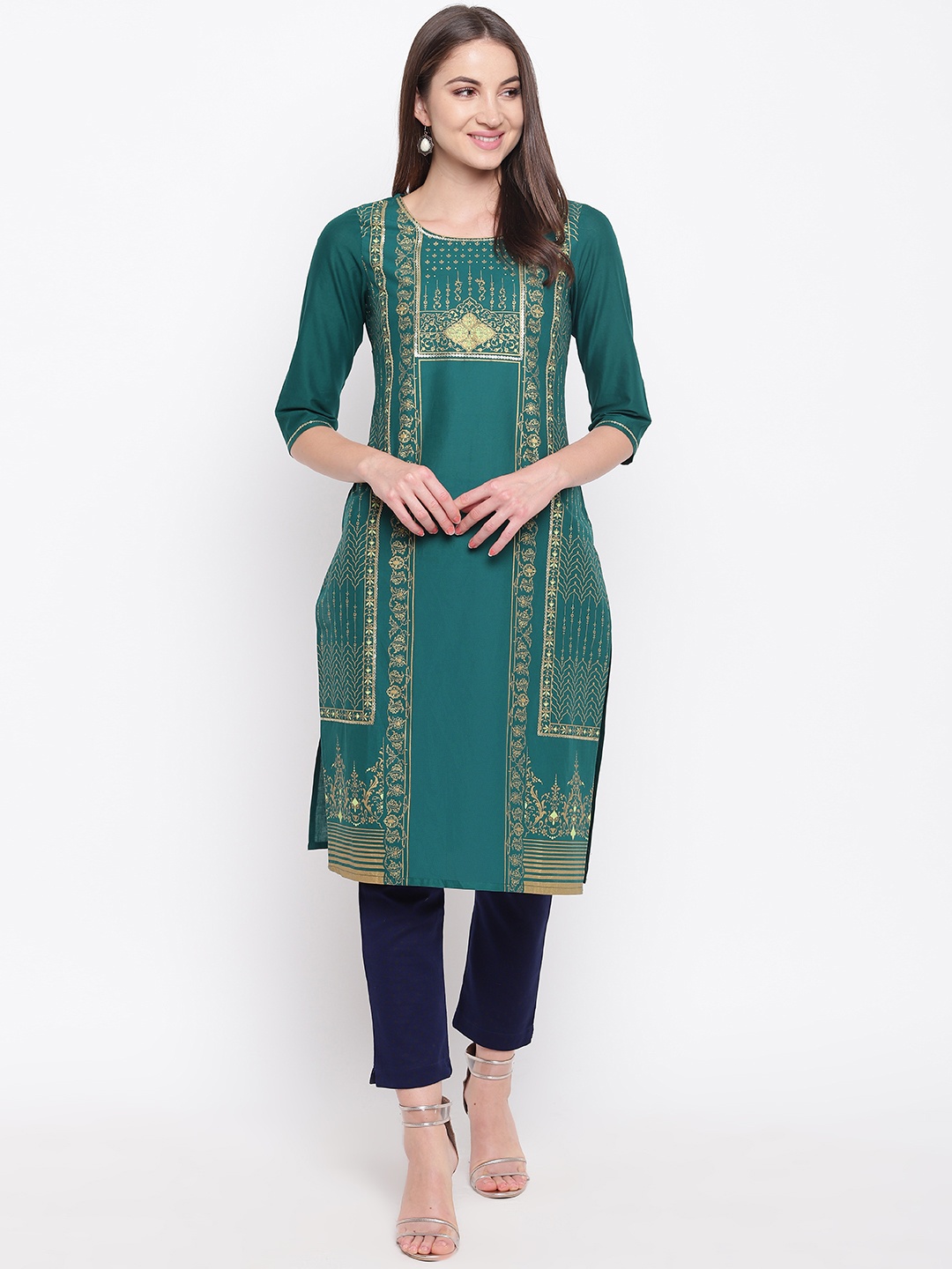 

AURELIA Women Green & Golden Printed Straight Kurta