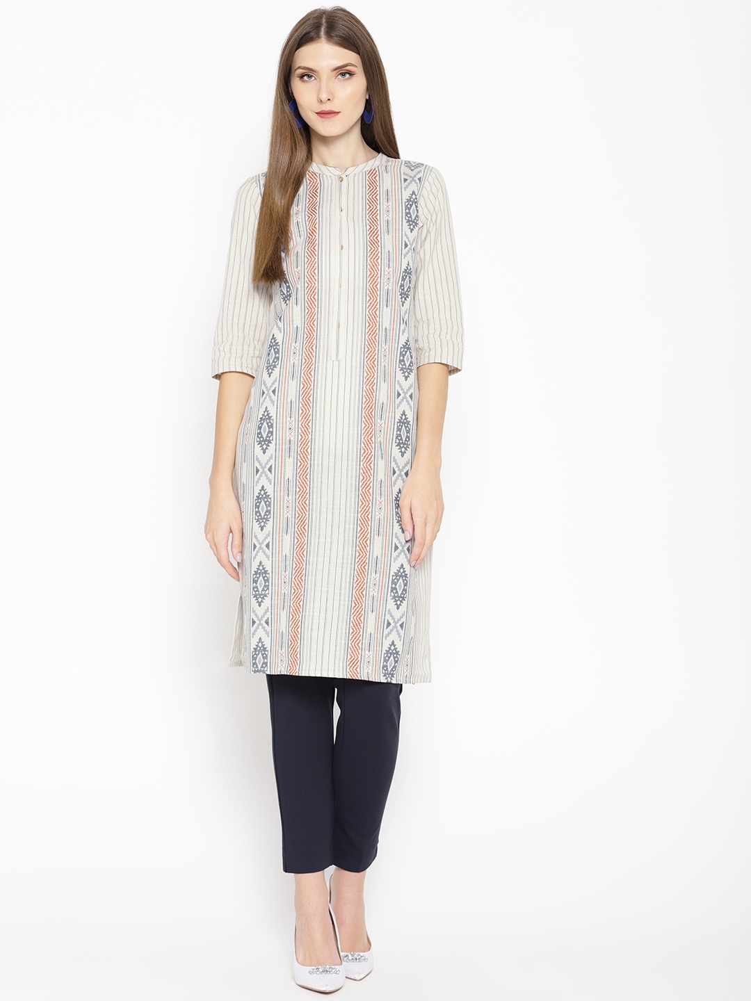 

AURELIA Women Off-White & Blue Striped Straight Kurta