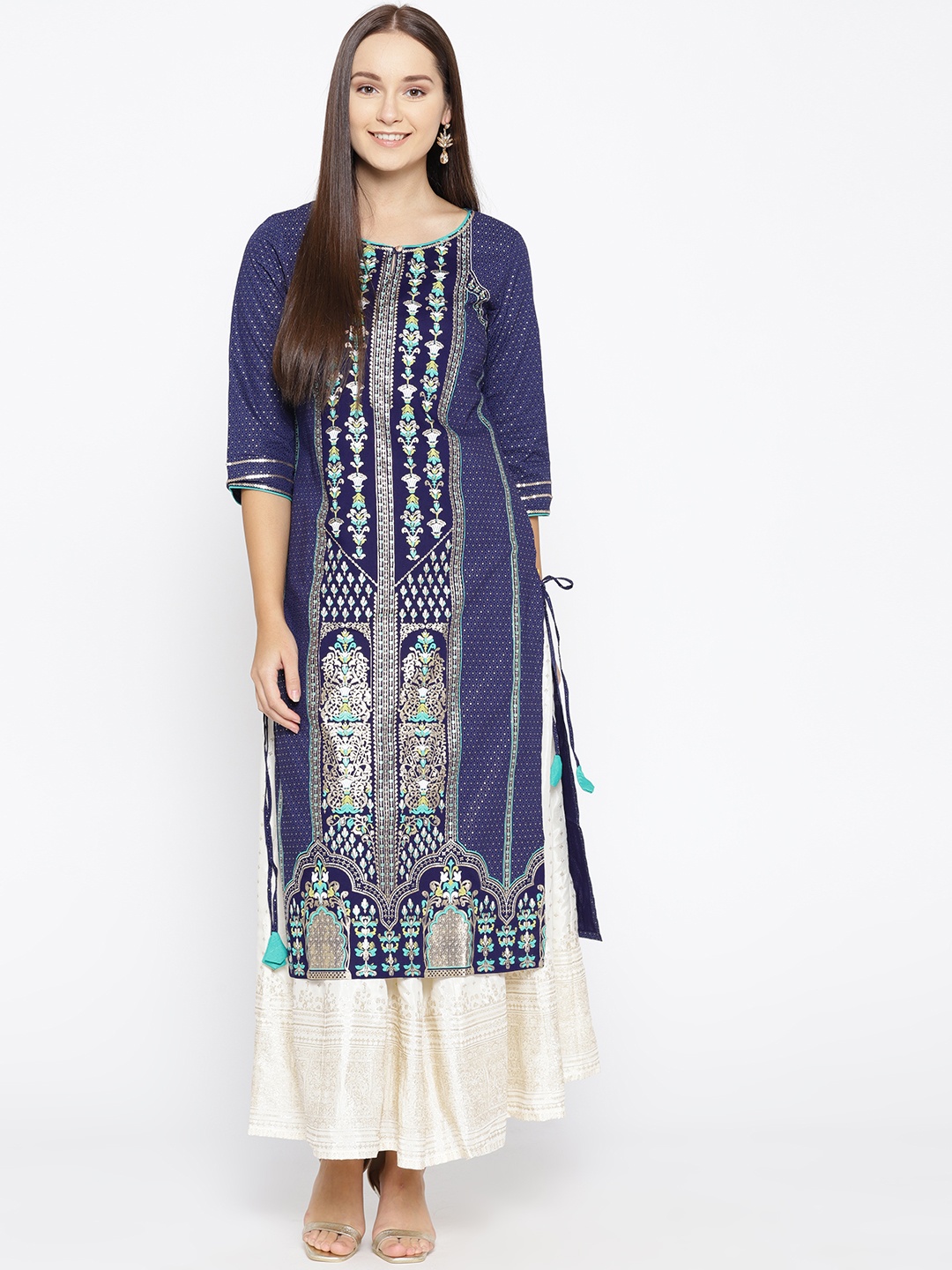 

AURELIA Women Blue & Golden Printed Straight Kurta