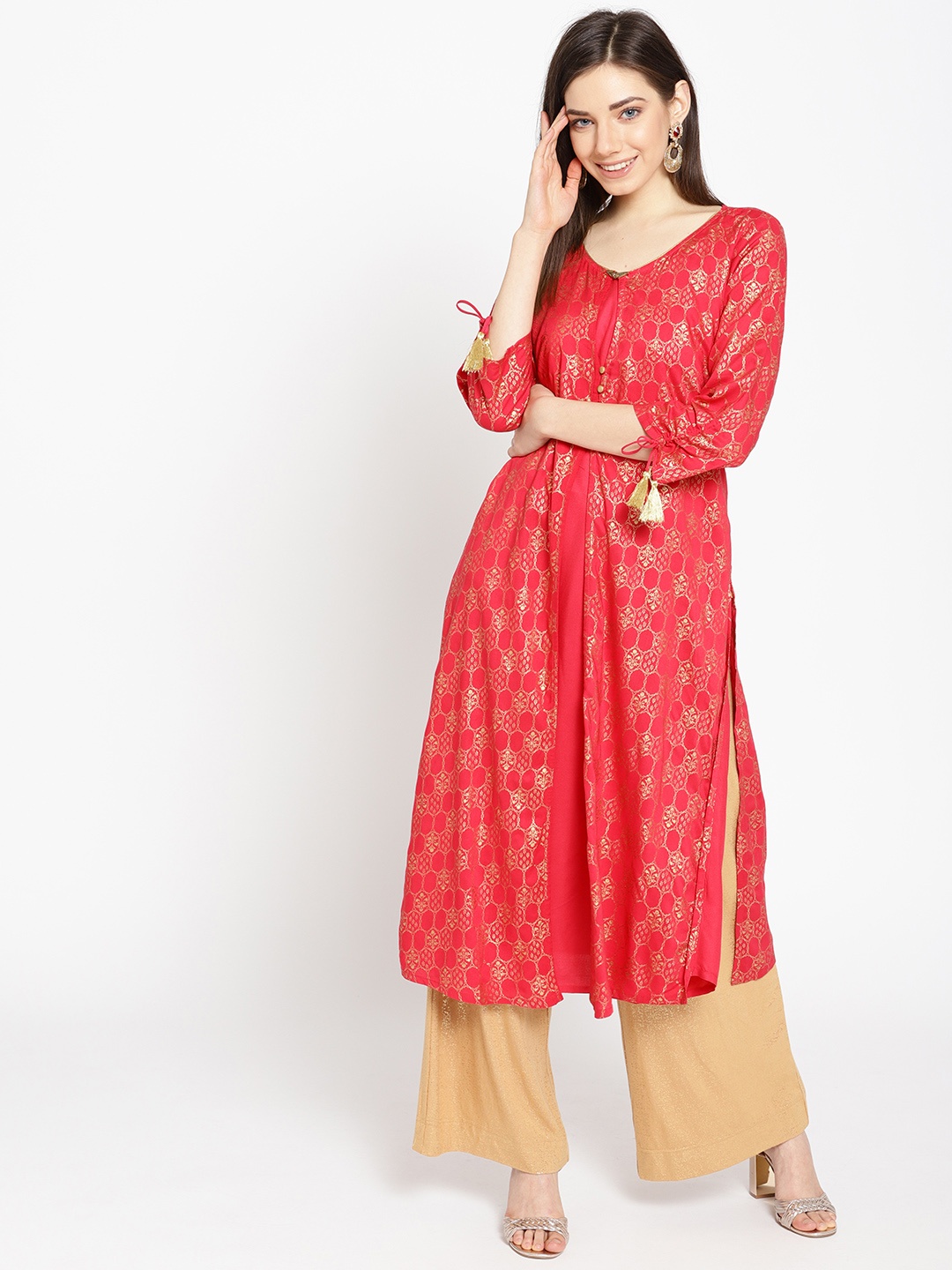 

AURELIA Women Pink & Golden Printed A-Line Layered Kurta