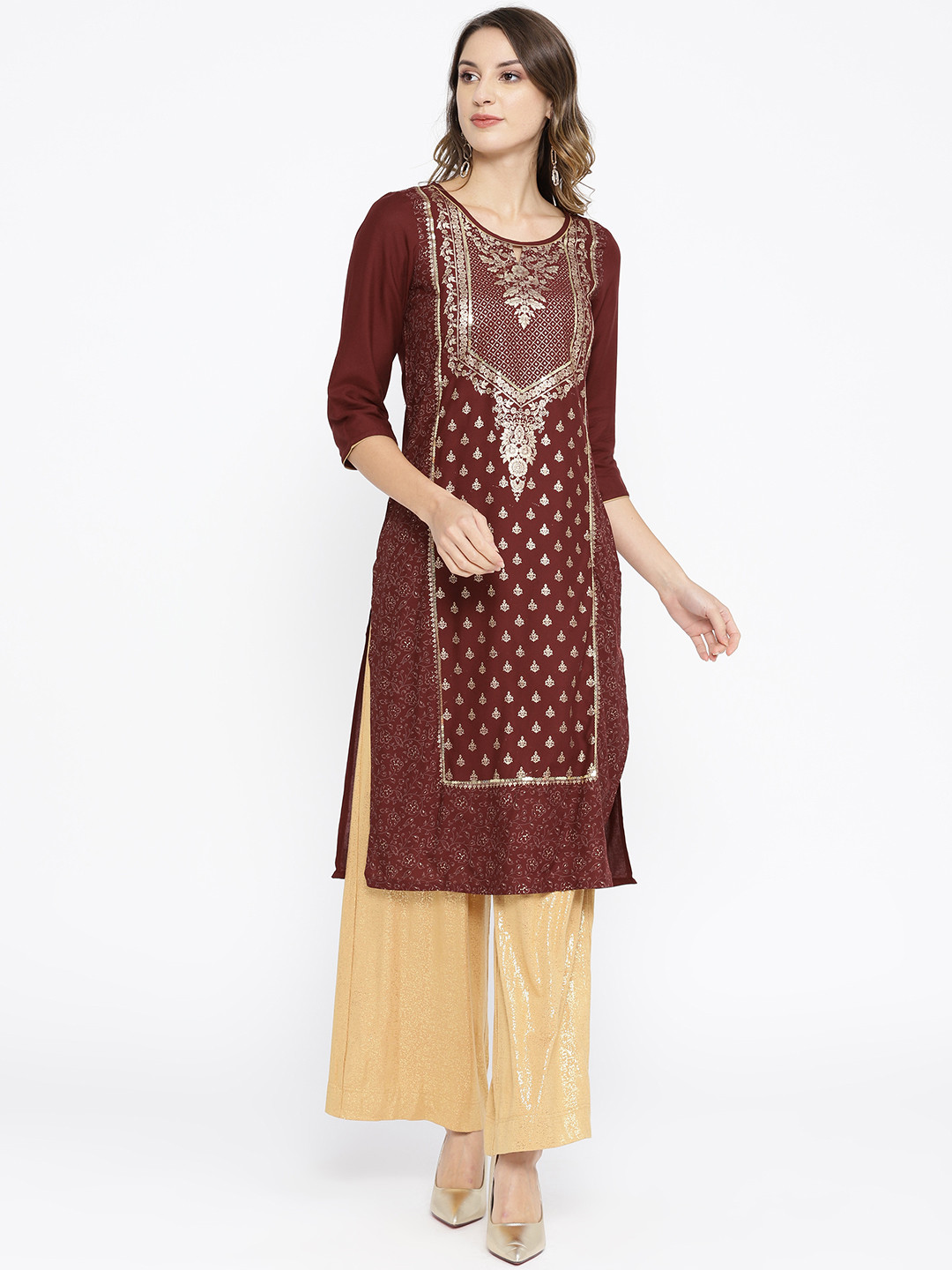 

AURELIA Women Maroon & Golden Printed Straight Kurta