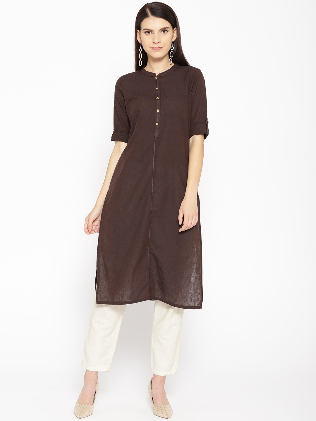 

AURELIA Women Brown Woven Design Straight Kurta